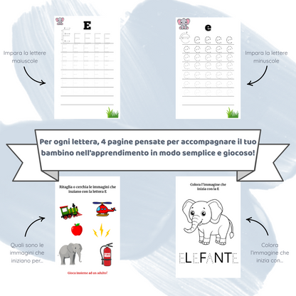 Impara l’alfabeto giocando: 4 pagine per ogni lettera, 10 esercizi finali e tanto divertimento educativo!