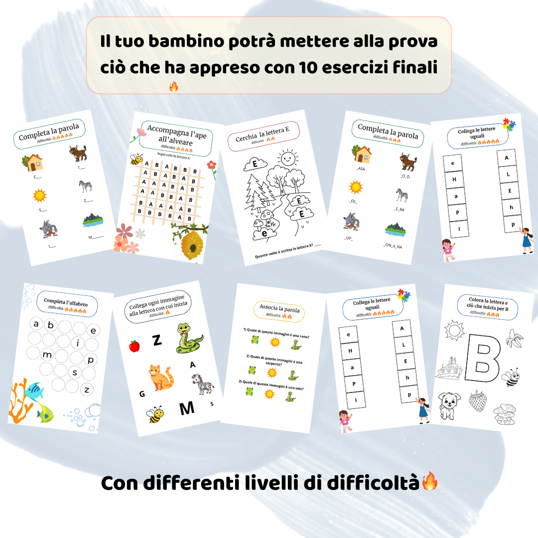 Impara l’alfabeto giocando: 4 pagine per ogni lettera, 10 esercizi finali e tanto divertimento educativo!