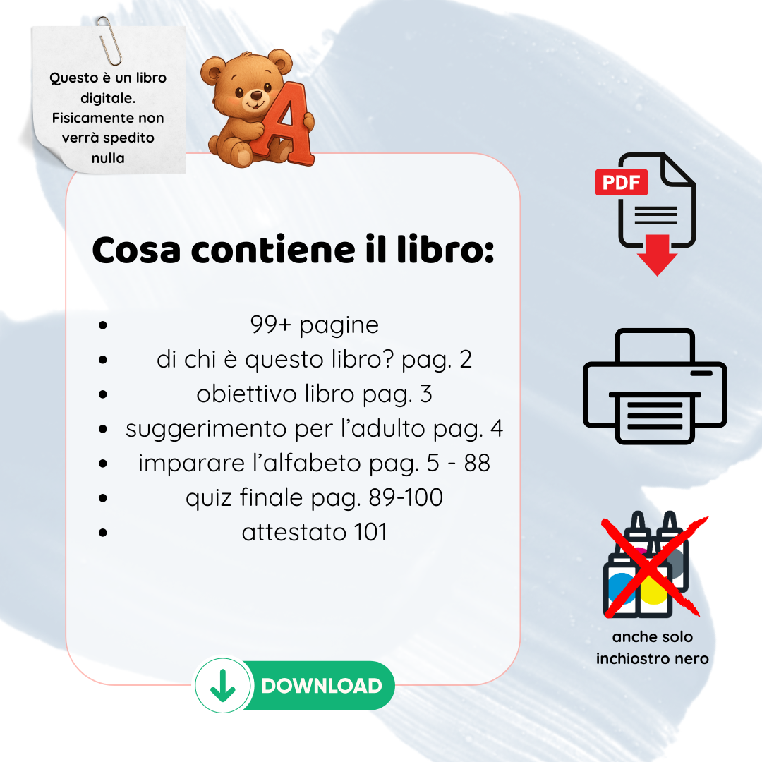 Impara l’alfabeto giocando: 4 pagine per ogni lettera, 10 esercizi finali e tanto divertimento educativo!
